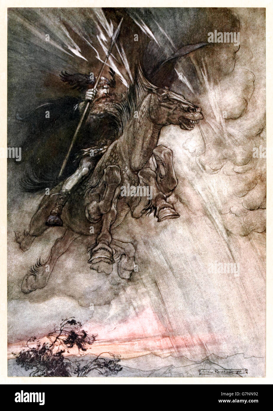 “Raging, Wotan Rides to the rock! Like a storm-wind he comes!” frontispiece from ‘The Rhinegold & the Valkyrie’ illustrated by Arthur Rackham (1867-1939), published in 1910. Wotan arrives in wrath to pass judgment on his daughter Brunnhilde who disobeying him by granting victory to Siegmund and not Hunding as instructed. Stock Photo