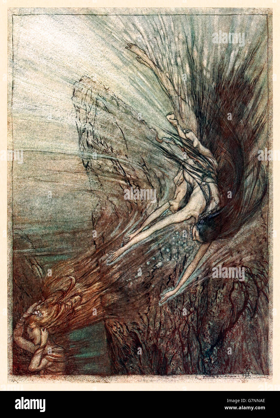 “The frolic of the Rhine-Maidens’ from ‘The Rhinegold & the Valkyrie’ illustrated by Arthur Rackham (1867-1939), published in 1910. In the greenish-blue depths of the river the Rhinemaidens are swimming about in play Stock Photo