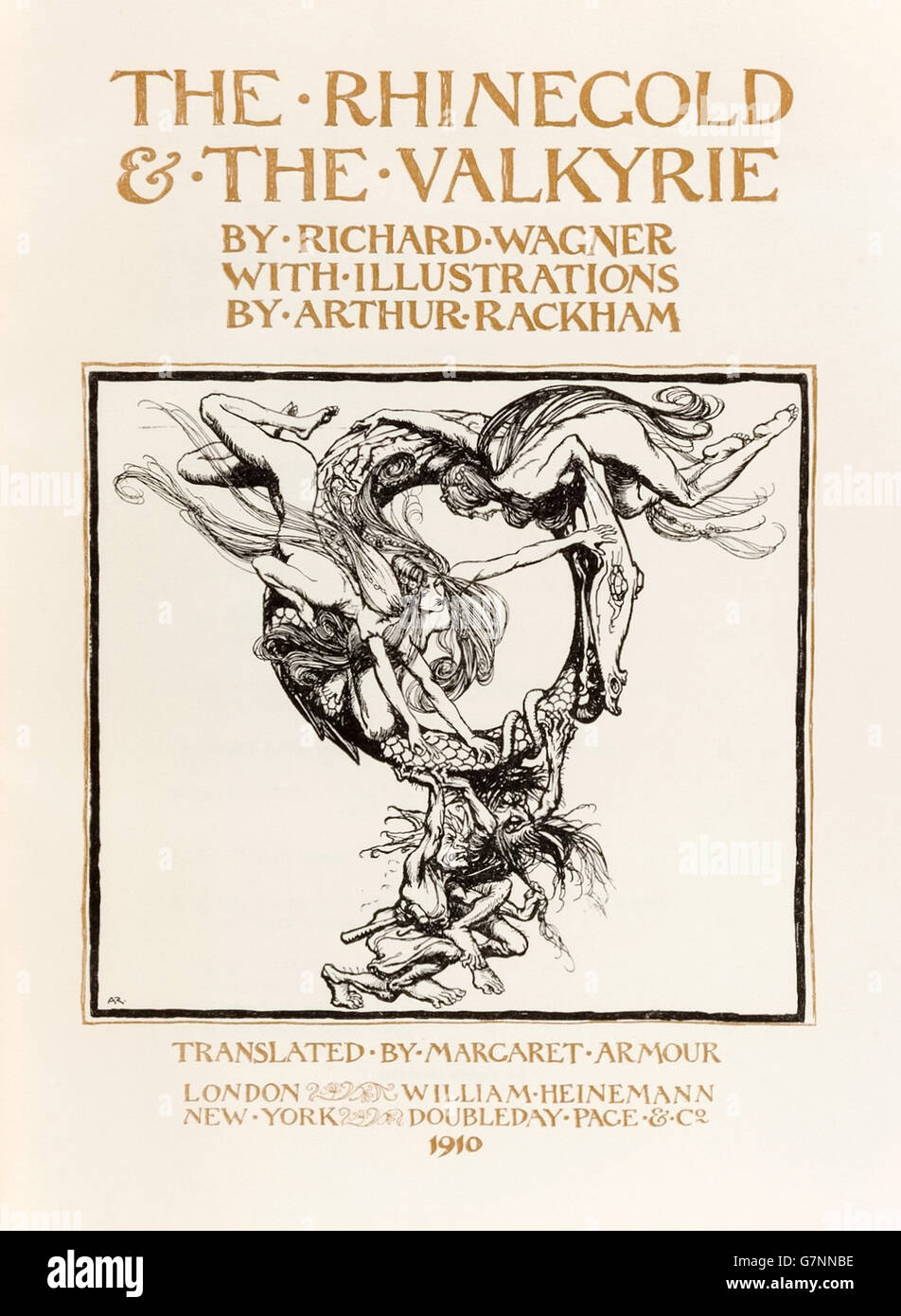 Title page from ‘The Rhinegold & the Valkyrie’ illustrated by Arthur Rackham (1867-1939), first edition published in 1910. Stock Photo