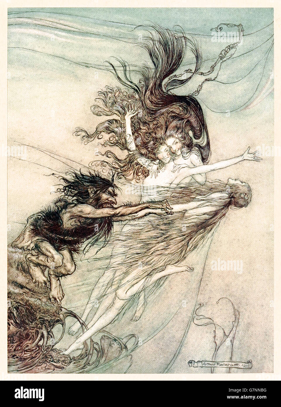 “The Rhine-Maidens teasing Alberich” from ‘The Rhinegold & the Valkyrie’ illustrated by Arthur Rackham (1867-1939), published in 1910. Woglinde, Wellgunde and Flosshilde frolic and tease the Nibelung Alberich. Stock Photo