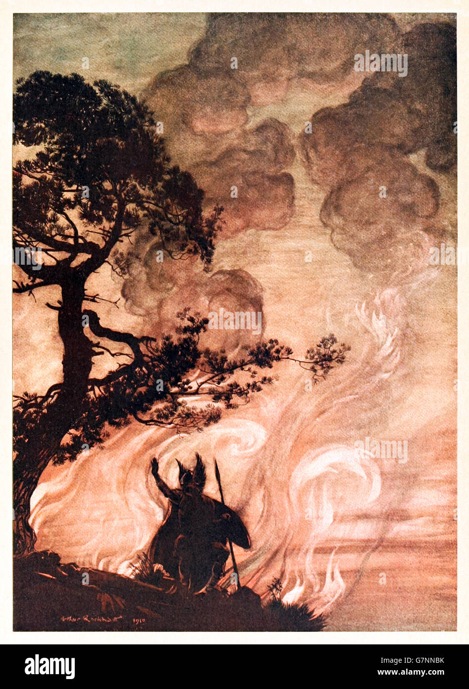 “As he moves slowly away, Wotan turns and looks sorrowfully back at Brunnhilde” from ‘The Rhinegold & the Valkyrie’ illustrated by Arthur Rackham (1867-1939), published in 1910. Wotan leaves Brünnhilde in her enchanted sleep surrounded in a circle of flame lit by Loge. Stock Photo
