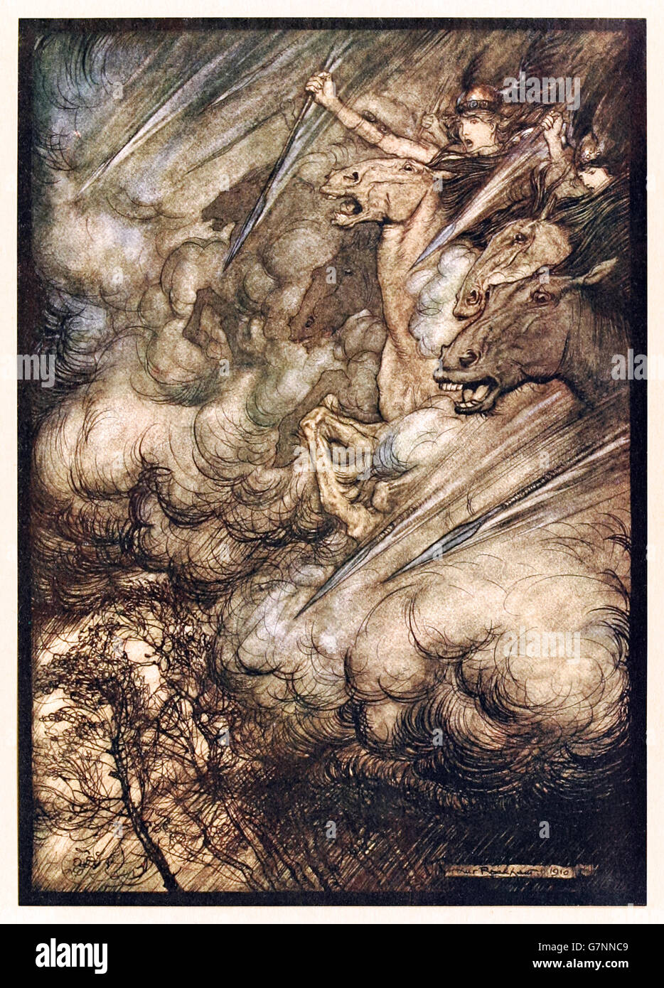 “The Ride of the Valkyries” from ‘The Rhinegold & the Valkyrie’ illustrated by Arthur Rackham (1867-1939), published in 1910. Stock Photo