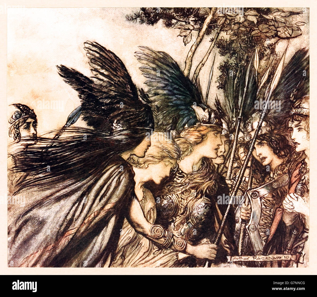 Brunnhilde: “I flee for the first time And am pursued: Warfather follows close. He nears, he nears in fury! Save this woman! Sisters, your help!” from ‘The Rhinegold & the Valkyrie’ illustrated by Arthur Rackham (1867-1939), published in 1910. Stock Photo