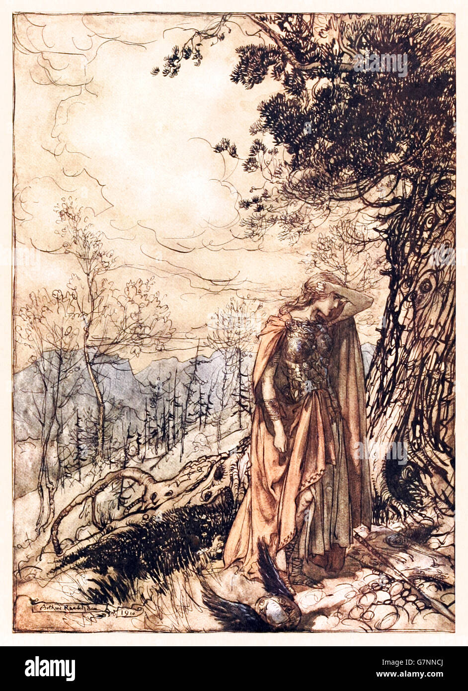“Brunnhilde stands for a long time dazed and alarmed” from ‘The Rhinegold & the Valkyrie’ illustrated by Arthur Rackham (1867-1939), published in 1910. Brunnhilde is shocked that her father Wotan wants her to ensure Hunding wins the battle against Siegmund, Wotan's beloved son. Stock Photo