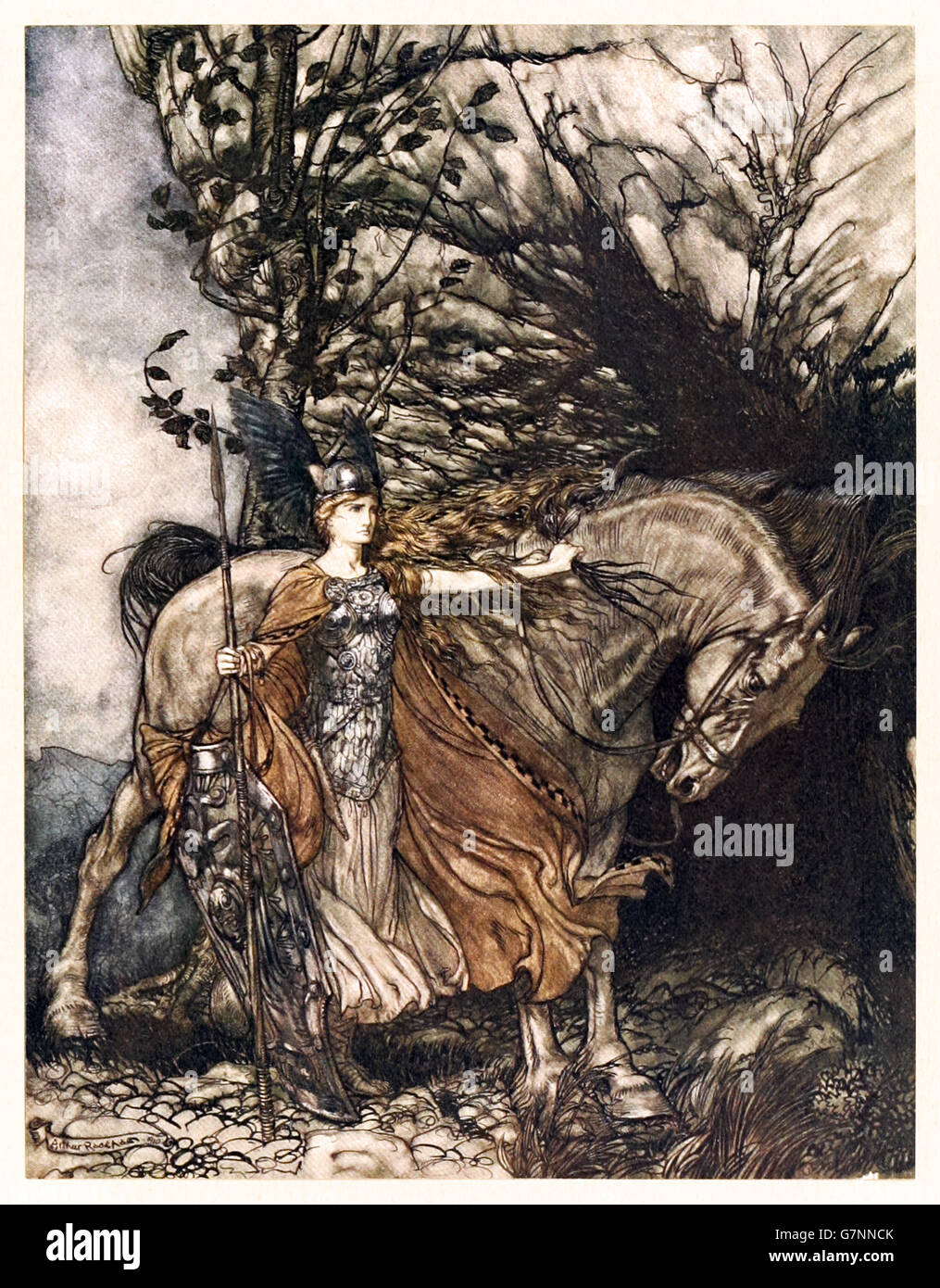 “Brunnhilde with her horse, at the mouth of the cave” from ‘The Rhinegold & the Valkyrie’ illustrated by Arthur Rackham (1867-1939), published in 1910. Brünnhilde is instructed by Wotan to protect Siegmund in his coming fight with Hunding. Stock Photo