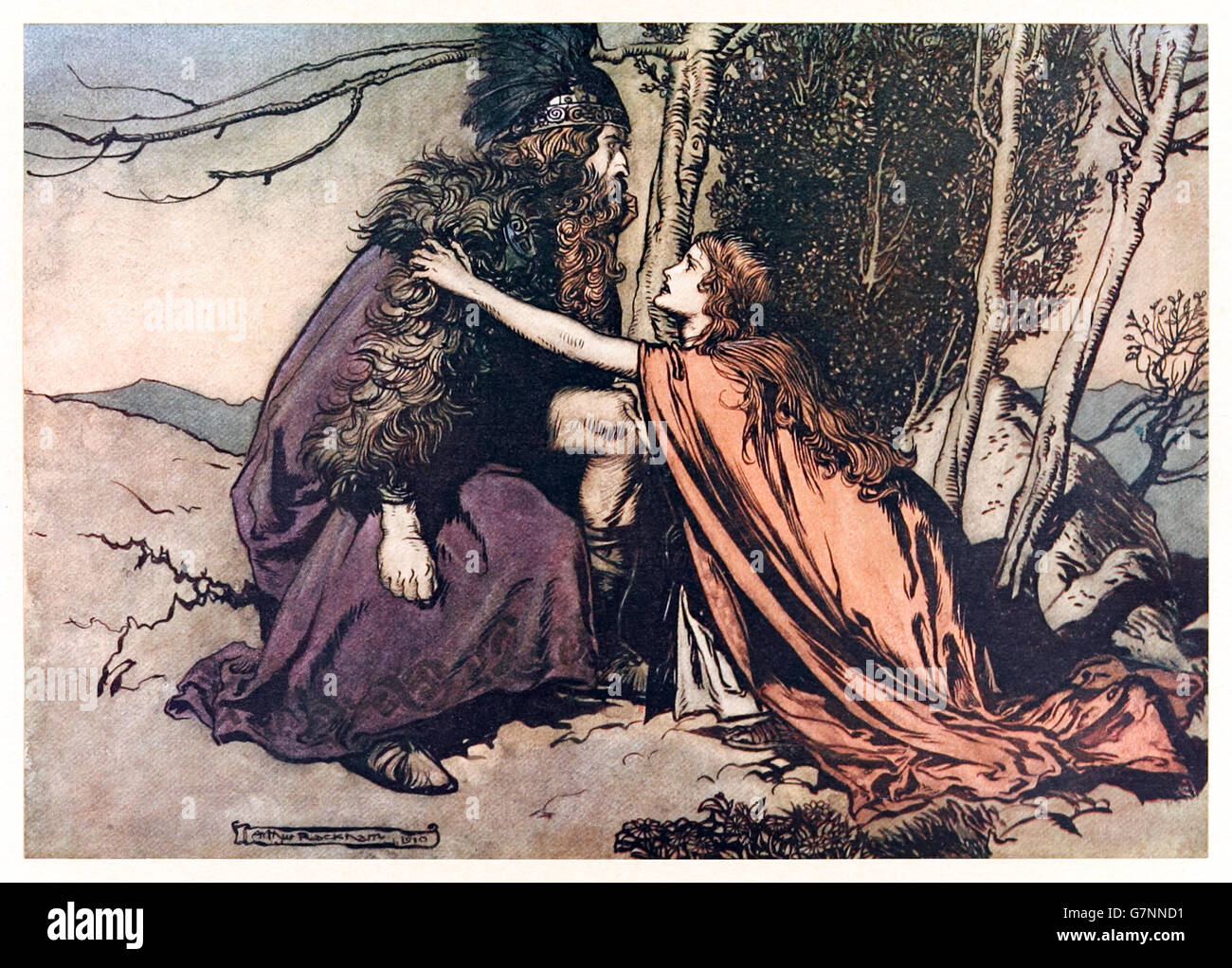 Brunnhilde: “Father! Father! Tell me what ails thee? With dismay thou art filling thy child!” from ‘The Rhinegold & the Valkyrie’ illustrated by Arthur Rackham (1867-1939), published in 1910. Brunnhilde finds her father Wotan in a state of despair after Fricka his wife demands his beloved son Siegmund must die thereby destroying his plan to reclaim the ring. Stock Photo