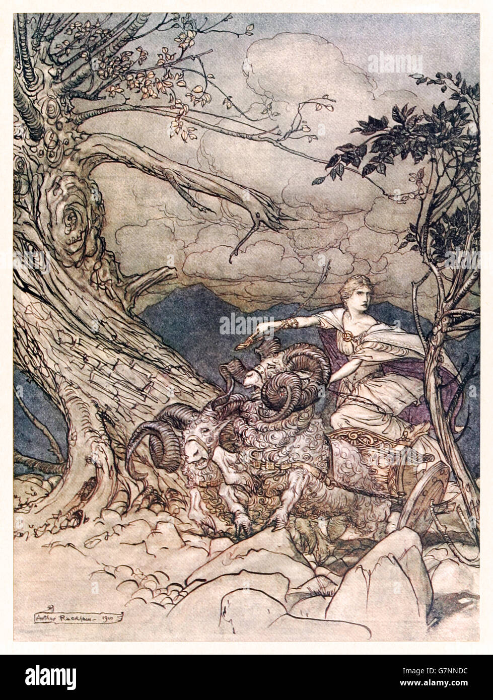 'Fricka approaches in anger' from ‘The Rhinegold & the Valkyrie’ illustrated by Arthur Rackham (1867-1939), published in 1910. Fricka goddess of marriage, wife of the chief of the Gods, Wotan. Stock Photo