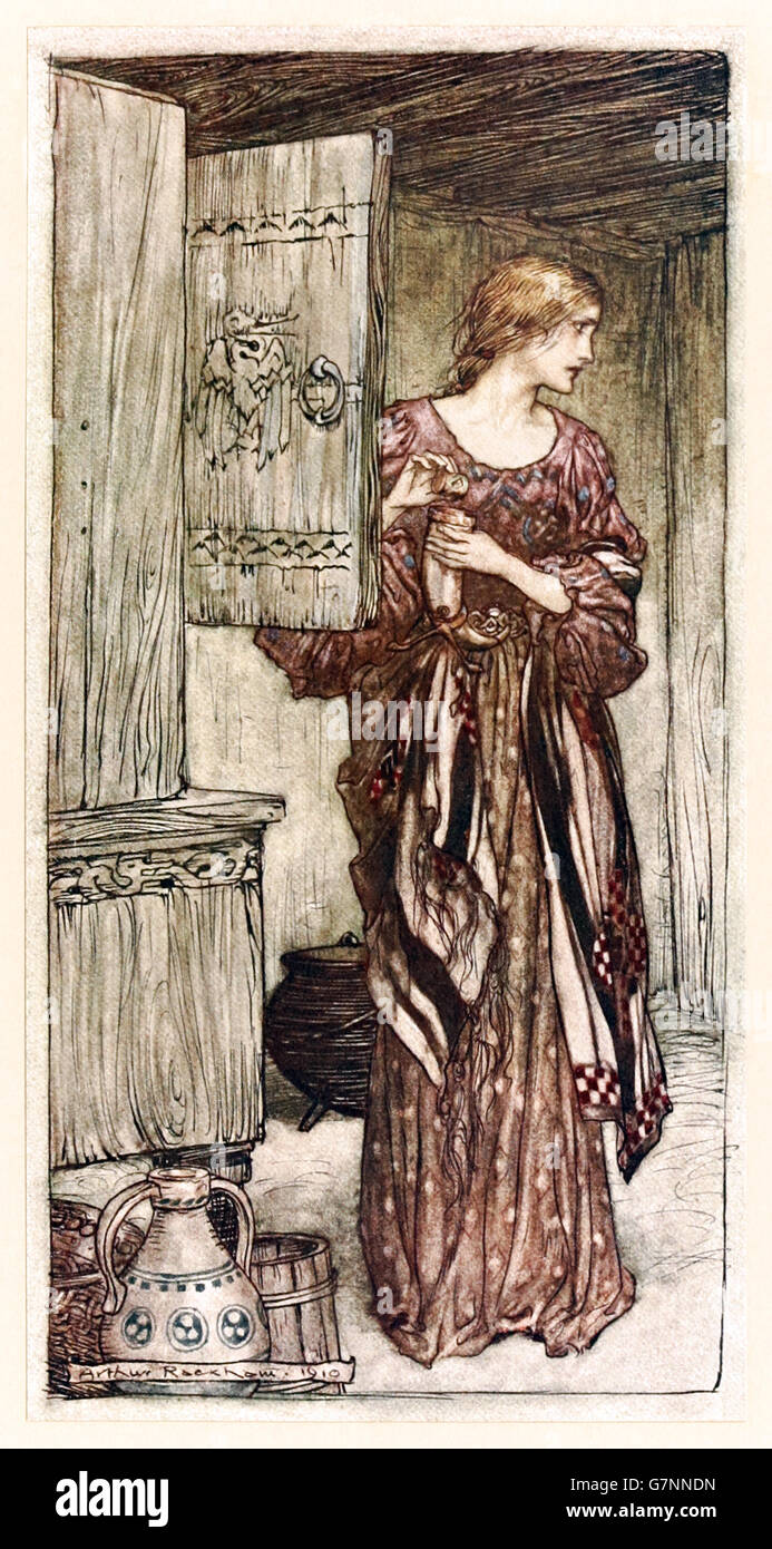 “Sieglinde prepares Hundling’s draught for the night” from ‘The Rhinegold & the Valkyrie’ illustrated by Arthur Rackham (1867-1939), published in 1910. Sieglinde drugs Hunding's drink to send him into a deep sleep. Stock Photo