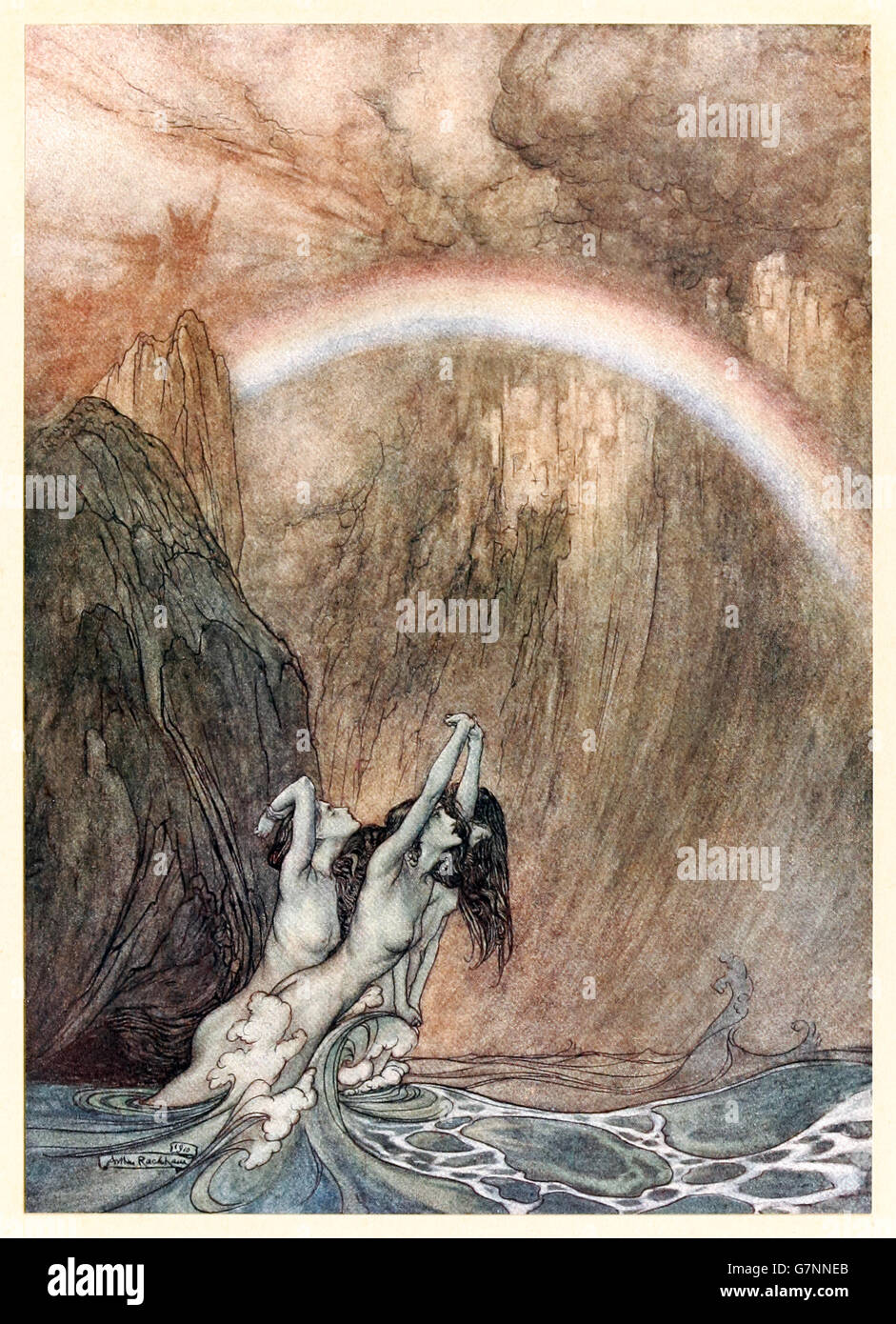 “The Rhine's fair children, bewailing their lost gold, weep.”  from ‘The Rhinegold & the Valkyrie’ illustrated by Arthur Rackham (1867-1939), published in 1910. The Rhinemaidens watch as the gods cross the rainbow bridge into Valhalla. Stock Photo