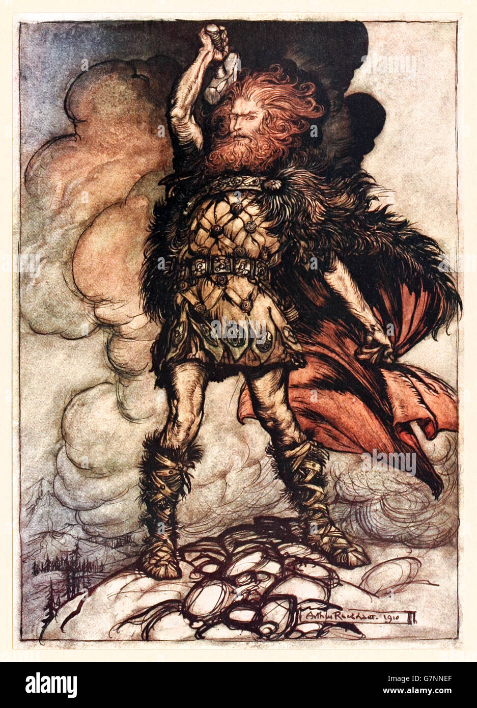 “To my hammer’s swing Hitherward sweep Vapours and fogs! Hovering mists! Donner, your lord, summons his hosts!”  from ‘The Rhinegold & the Valkyrie’ illustrated by Arthur Rackham (1867-1939), published in 1910. Donner summons a thunderstorm to clear the air for the gods crossing into their new home Valhalla. Stock Photo