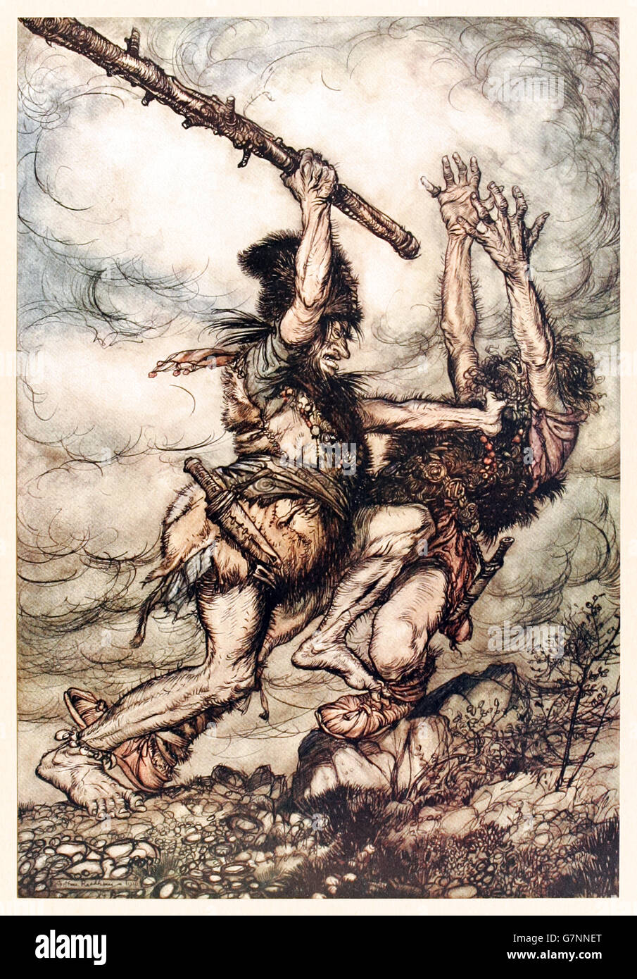 “Fafner kills Fasolt”  from ‘The Rhinegold & the Valkyrie’ illustrated by Arthur Rackham (1867-1939), published in 1910. Fafner clubs Fasolt to death due to Alberich's terrible 'Death-Curse' on the ring. Stock Photo