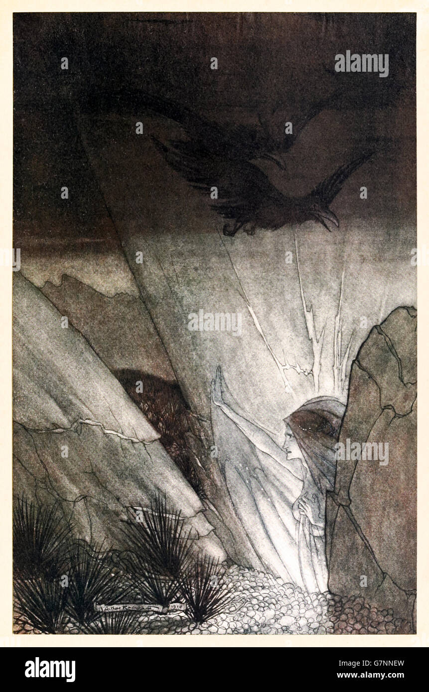 “Erda bids thee beware”  from ‘The Rhinegold & the Valkyrie’ illustrated by Arthur Rackham (1867-1939), published in 1910. Erda the earth goddess warns Wotan of impending doom and urges him to give up the cursed ring. Stock Photo