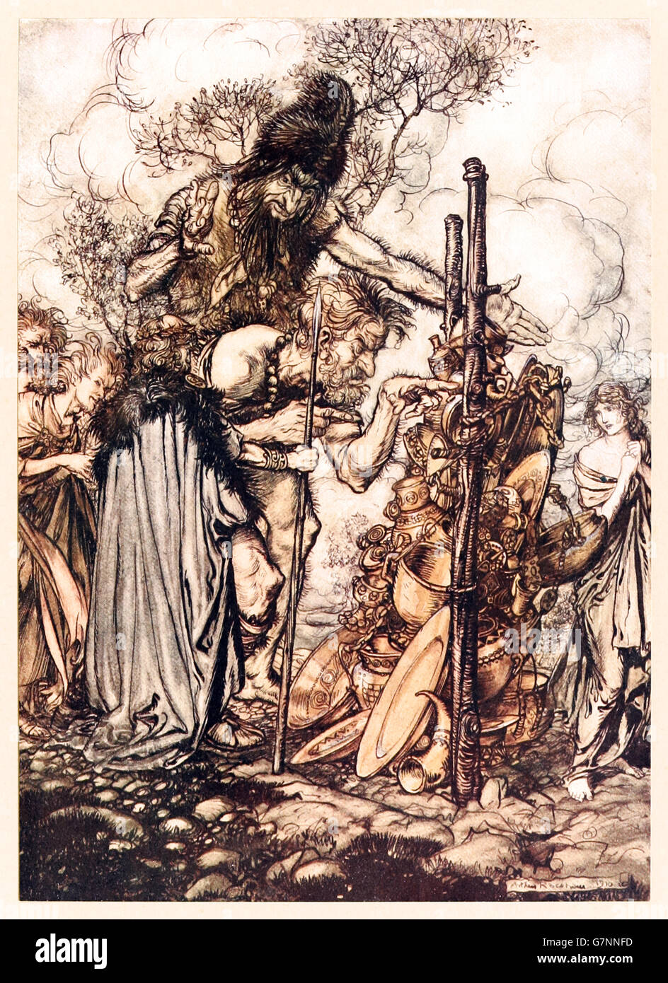 Fafner. “Hey! Come hither, And stop me this cranny!”  from ‘The Rhinegold & the Valkyrie’ illustrated by Arthur Rackham (1867-1939), published in 1910. Fasolt insists that the gold be heaped high enough to hide Freia from view, only then will he release her back to Wotan. Wotan has to give up the ring to fill the last chink. Stock Photo