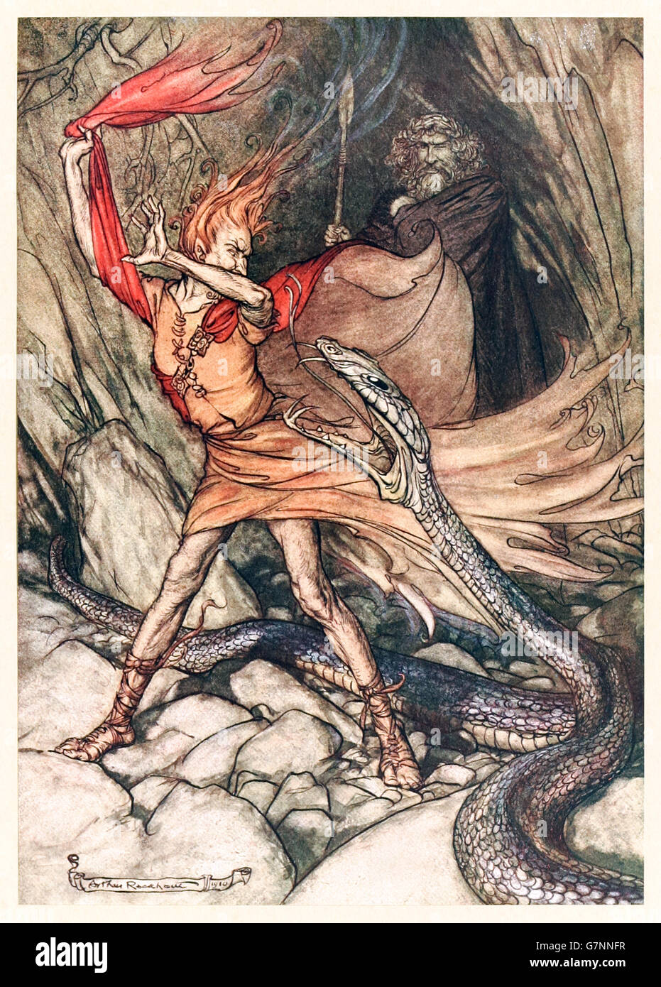 “Ohe! Ohe! Horrible dragon, O swallow me not! Spare the life of poor Loge!” from ‘The Rhinegold & the Valkyrie’ illustrated by Arthur Rackham (1867-1939), published in 1910. Alberich wields the power of the Tarnhelm (magic helmet) transforming himself into a giant snake as Loge and Wotan look on. Stock Photo