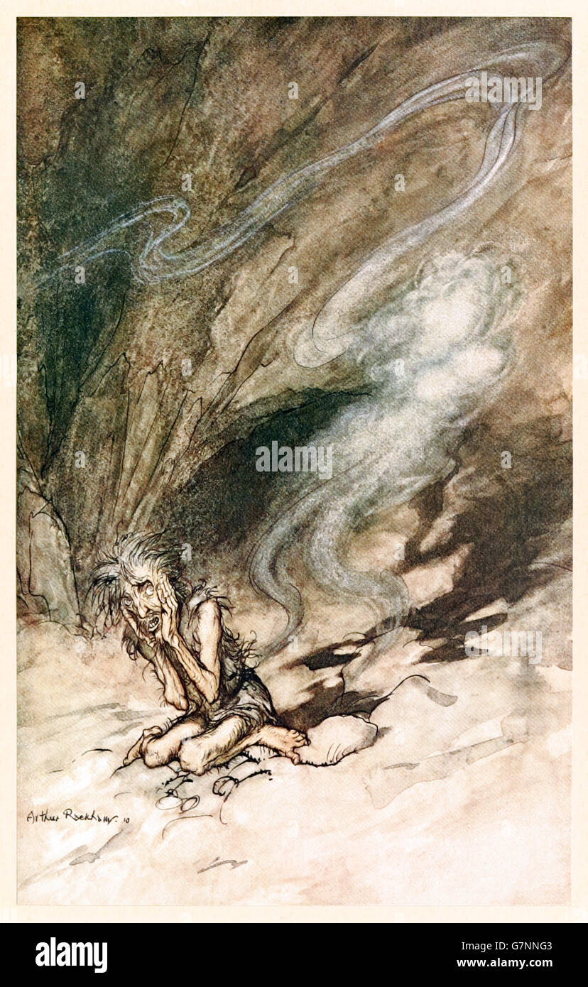“Mime writhes under the lashes he receives”  from ‘The Rhinegold & the Valkyrie’ illustrated by Arthur Rackham (1867-1939), published in 1910. Alberich has enslaved the rest of the Nibelung dwarves with the power of the ring and here torments Mime whilst invisible using the magic of the helmet Tarnhelm he forced Mime to make him. Stock Photo