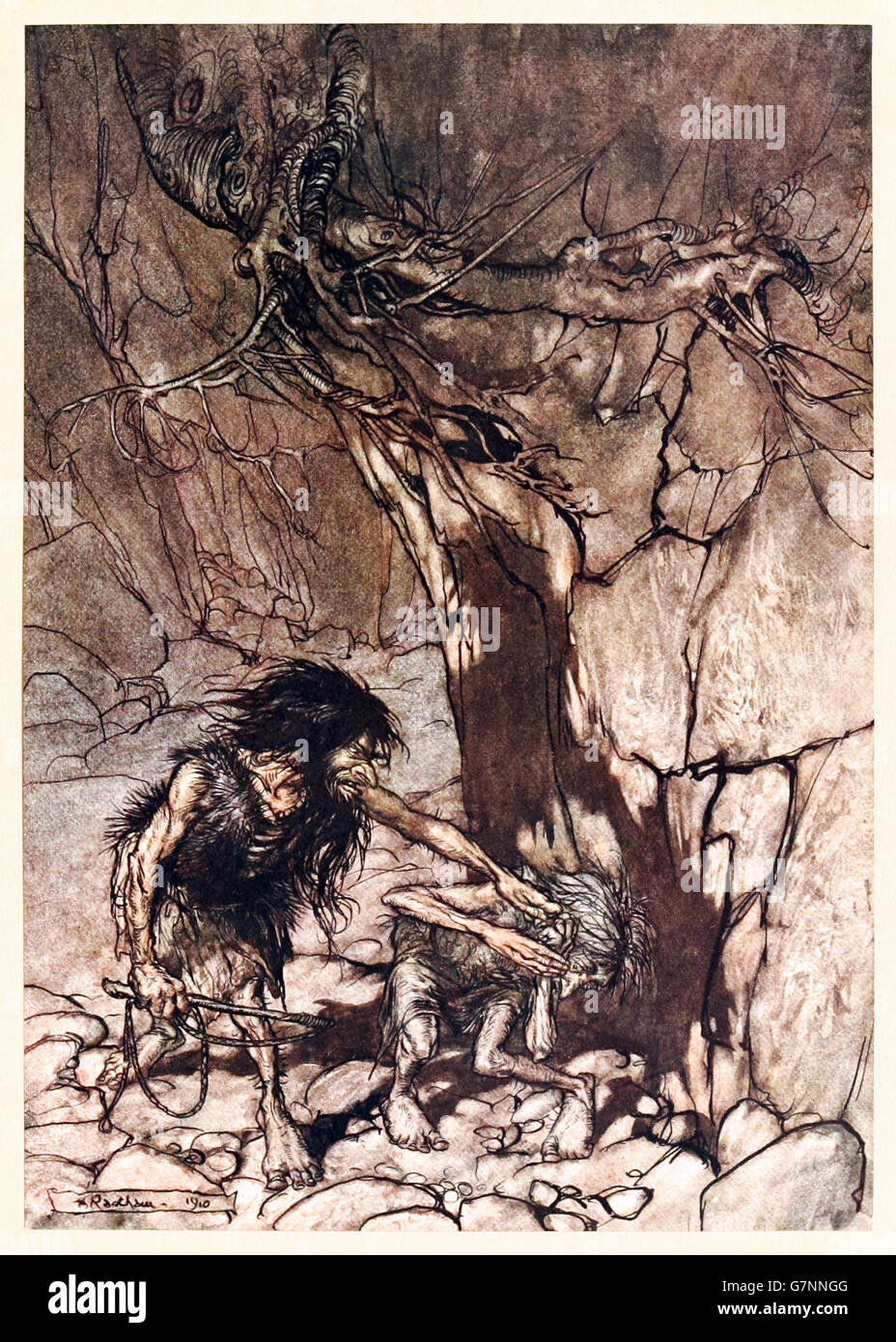 “Mime, howling. “Ohe! Ohe! Oh! Oh!”” from ‘The Rhinegold & the Valkyrie’ illustrated by Arthur Rackham (1867-1939), published in 1910. Alberich enslaved the rest of the Nibelung dwarves with the power of the ring and forces his brother Mime to create a magic helmet, the Tarnhelm. Stock Photo