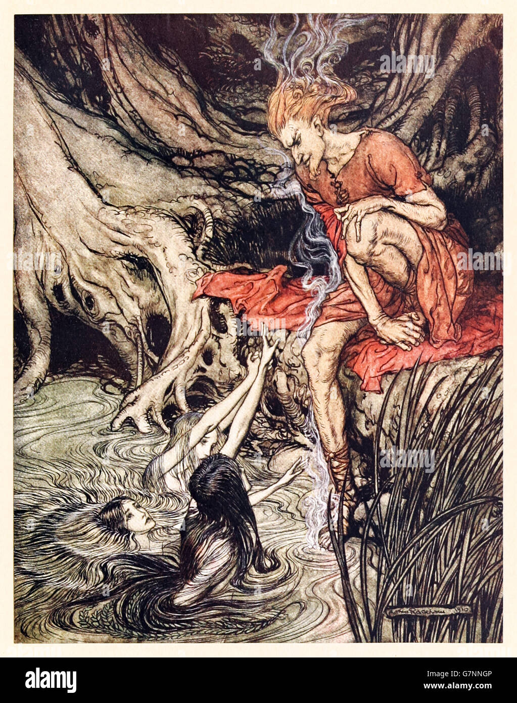 “The Rhine’s pure-gleaming children Told me of their sorrow” from ‘The Rhinegold & the Valkyrie’ illustrated by Arthur Rackham (1867-1939), published in 1910. Loge learns that Alberich has stolen the Rhinegold. Stock Photo