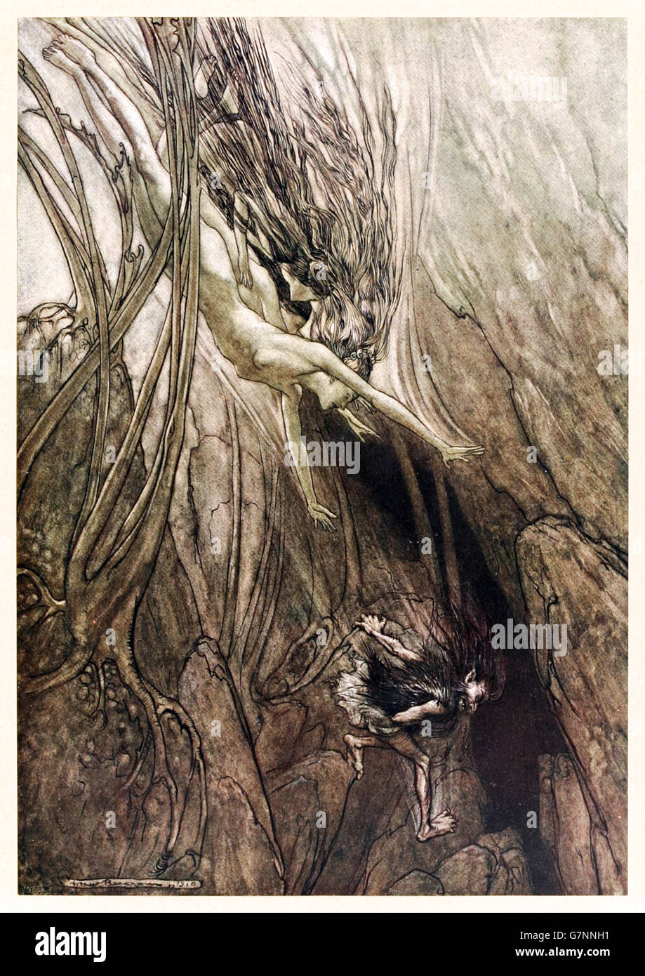 “Seize the despoiler! Rescue the gold! Help us! Help us! Woe! Woe!” from ‘The Rhinegold & the Valkyrie’ illustrated by Arthur Rackham (1867-1939), published in 1910. Alberich renounces love and seizes the Rhine gold returning to his chasm. Stock Photo