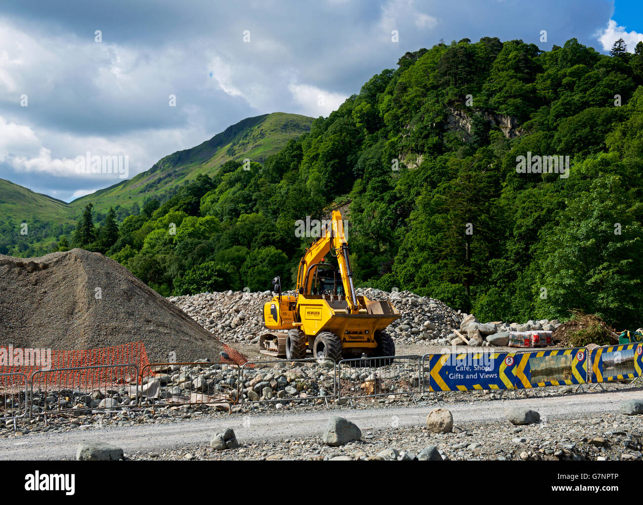 Rocky debris: the aftermath of flooding in the village of Glenridding, Lake District National Park, Cumbria, England UK Stock Photo