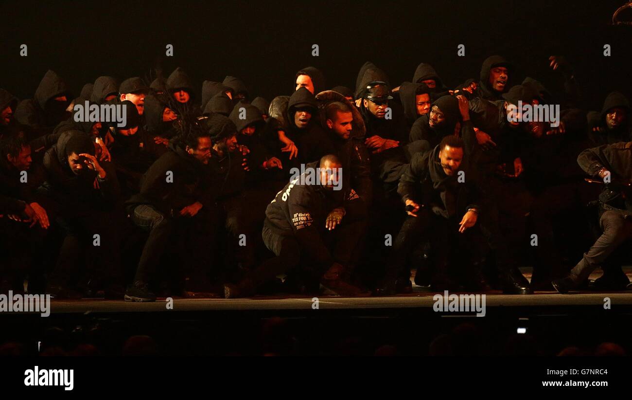 Kanye West performs on stage during the 2015 Brit Awards at the O2 Arena,  London Stock Photo - Alamy