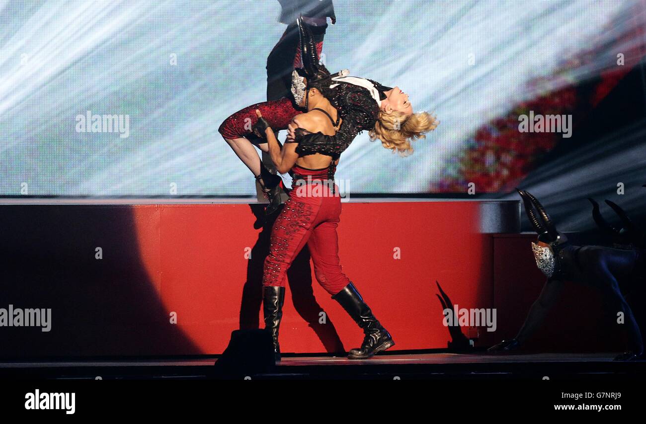 Madonna performs on stage during the 2015 Brit Awards at the O2 Arena ...