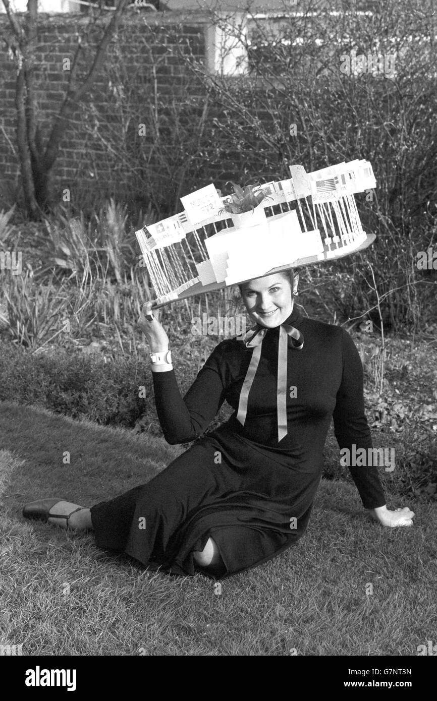 The 1972 Munich Olympics is the theme of the Easter bonnet worn by Maggie Hutchinson in London. Entitled 'Olympic Flame', it won second prize in the Mad Hats section of the annual Easter Bonnet competition organised by the London Tourist Board. Stock Photo