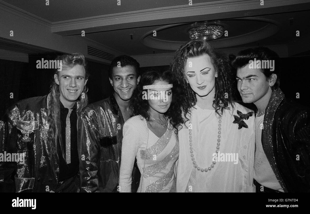 Boy George and his band Culture Club with Michael Jackson's sister La Toya. The band won Best British Group and Best Selling Single for 'Karma Chameleon'. La Toya was there to collect the award for Best Selling Album for her brother for 'Thriller'. Stock Photo