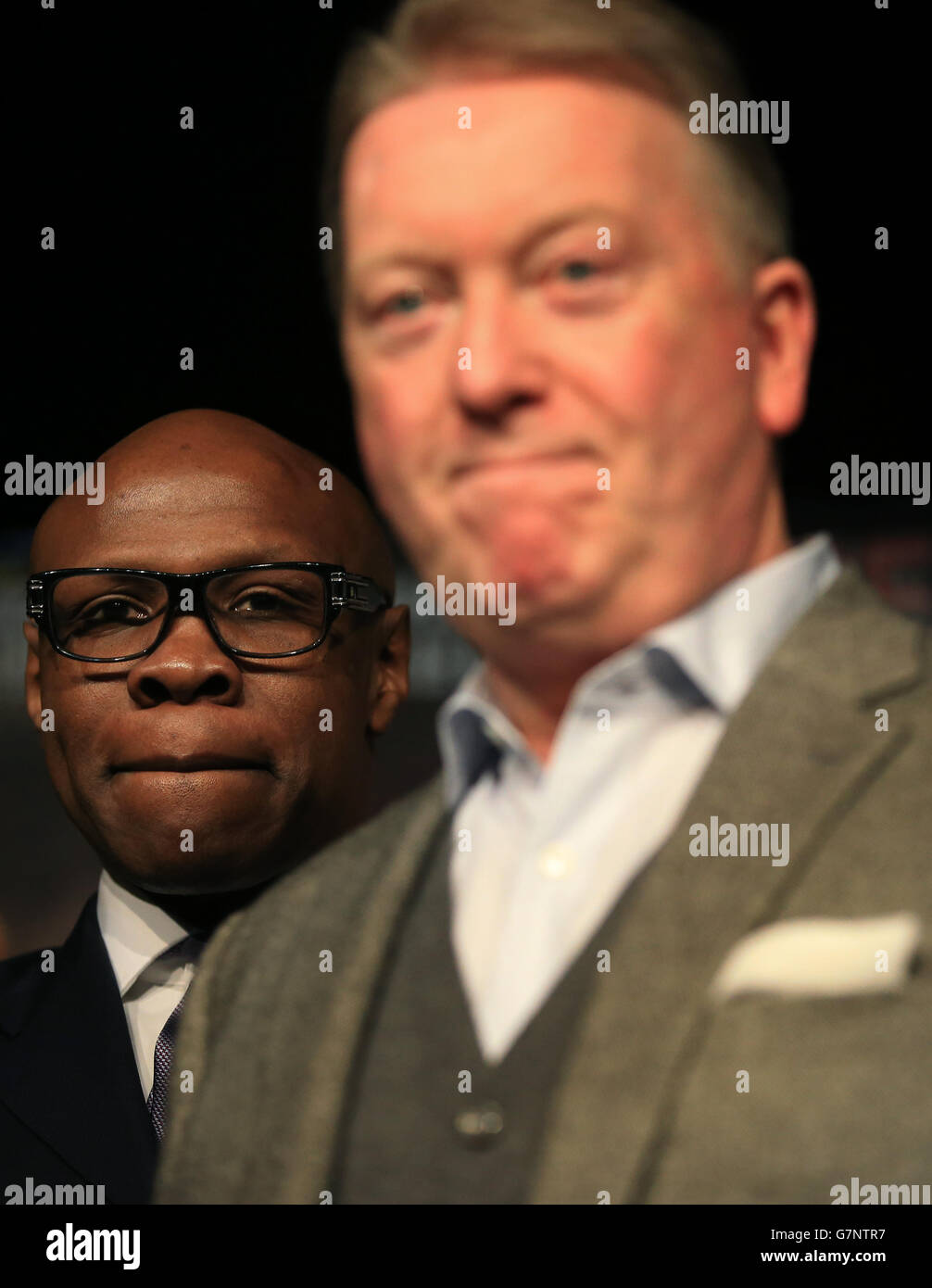 Chris Eubank (left) at weigh-in for his son Chris Eubank Junior with promoter Frank Warren (right) at The O2, London. Stock Photo