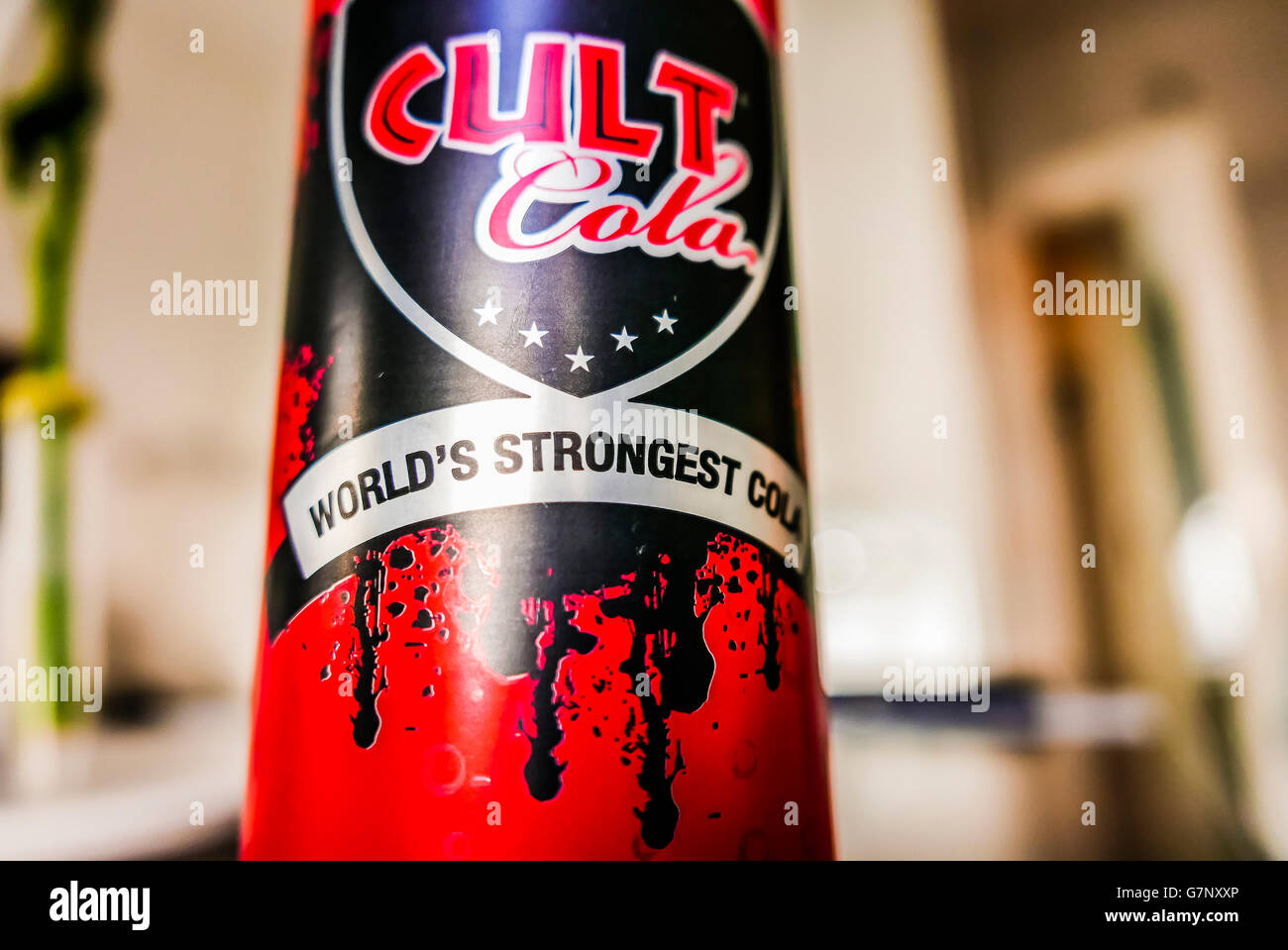 A tin can of Cult Cola, self-proclaimed world's strongest cola. Stock Photo