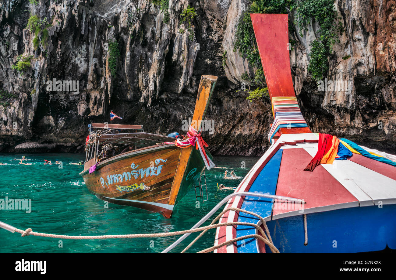 Thai Speedboats closeup at Koh Ma near Koh Lanta, Krabi, Thailand Stock Photo