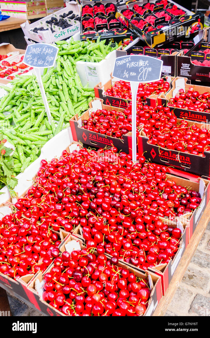 Fruit and vegetables for sale at a Danish market stall. Stock Photo