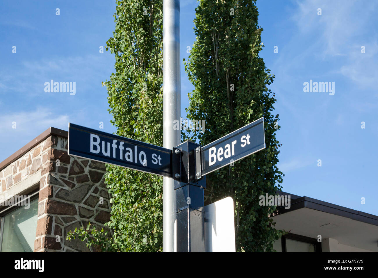 An interesting street sign giving directions in Banff, Alberta, canada Stock Photo