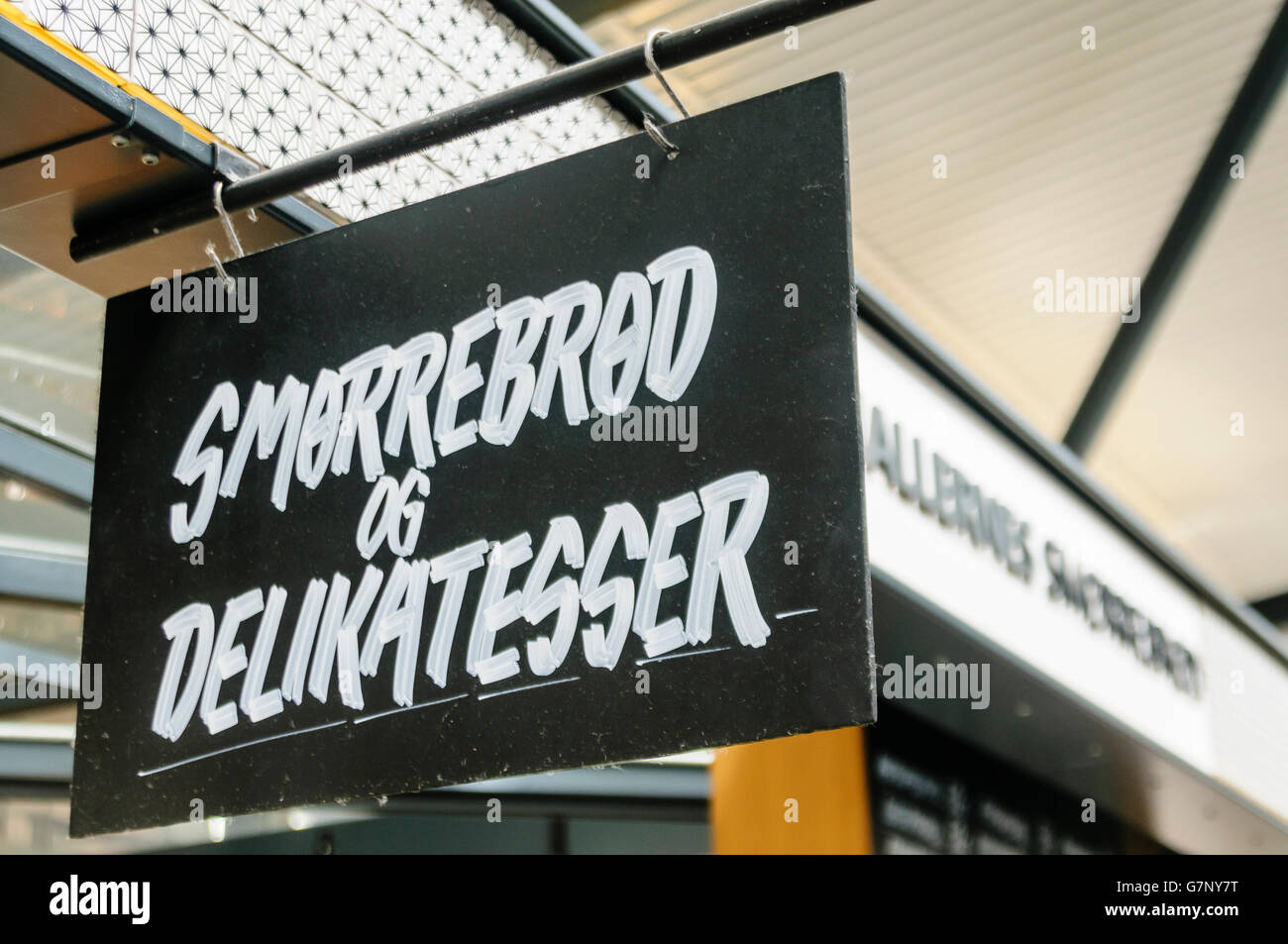 Sign for Danish smørrebrød at a delicatessen in Torvehallerne indoor market Stock Photo