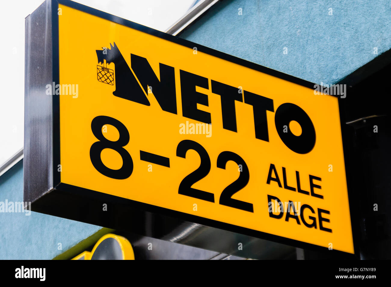 Sign for Netto, a Denmark based supermarket chain, with their Scottish Terrier logo Stock Photo