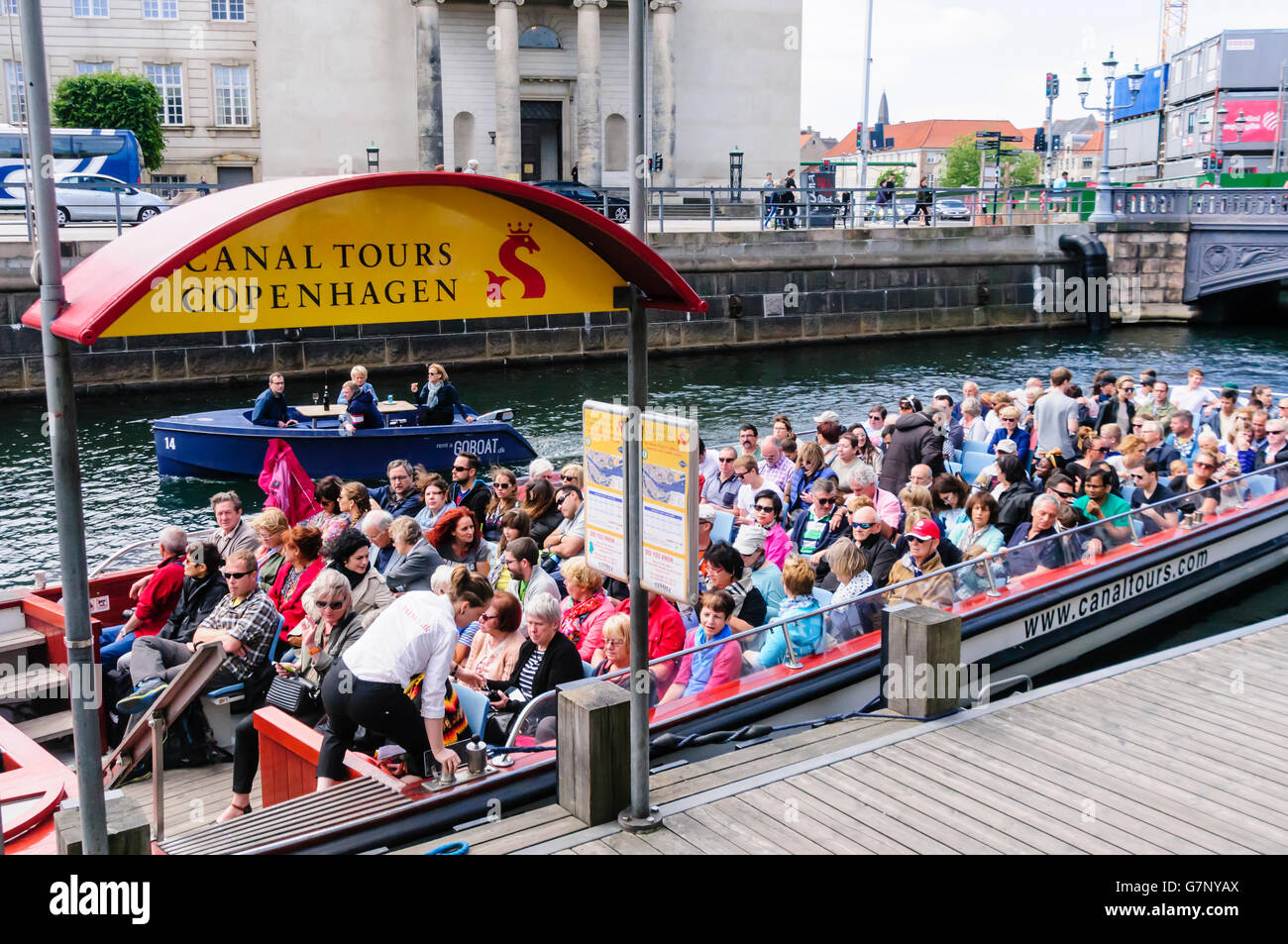 Canal boat with tourists ready to set off on a tour, Copenhagen, Denmark Stock Photo