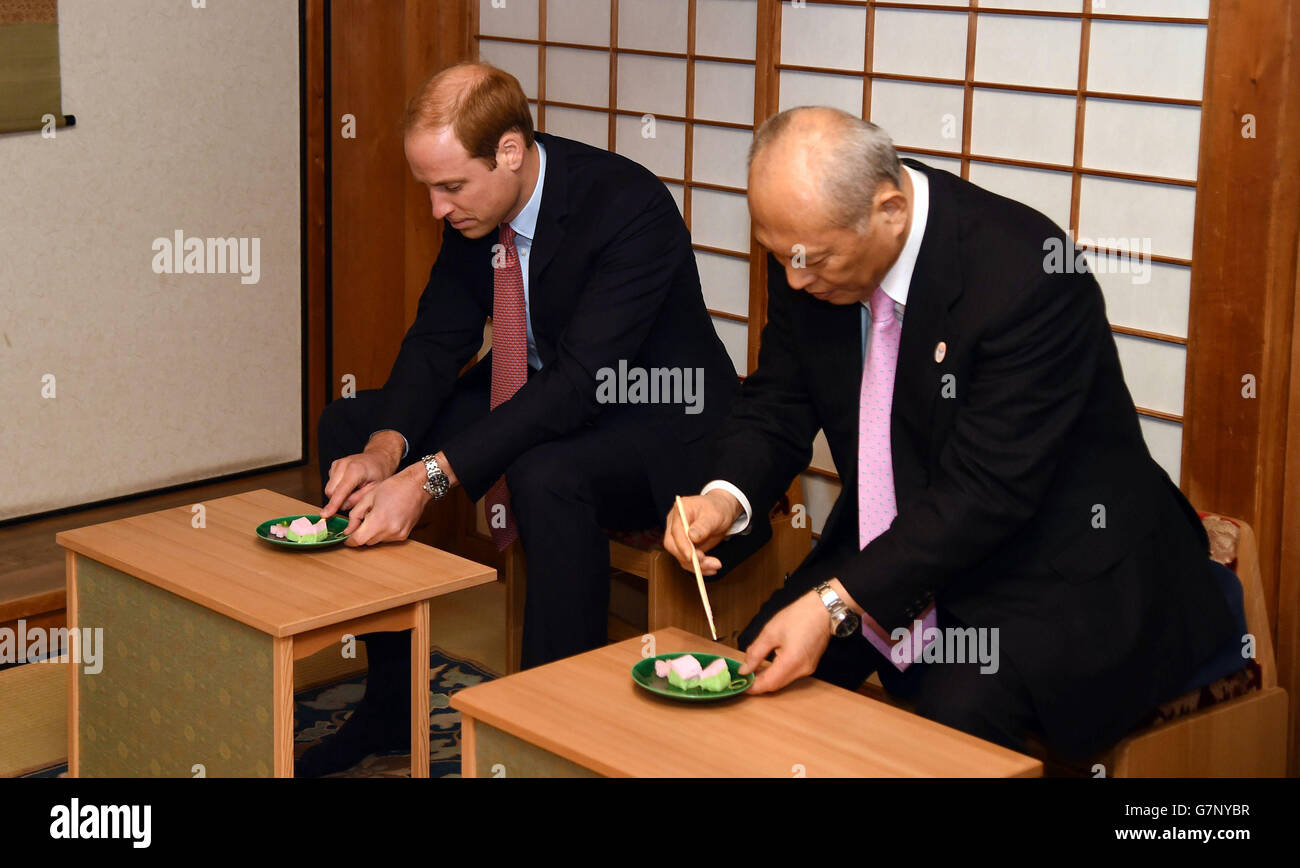 The Duke of Cambridge is served Japanese tea at a restored Tea House at Hama Rikyu gardens in Tokyo at the start of his three day visit to Japan. Stock Photo