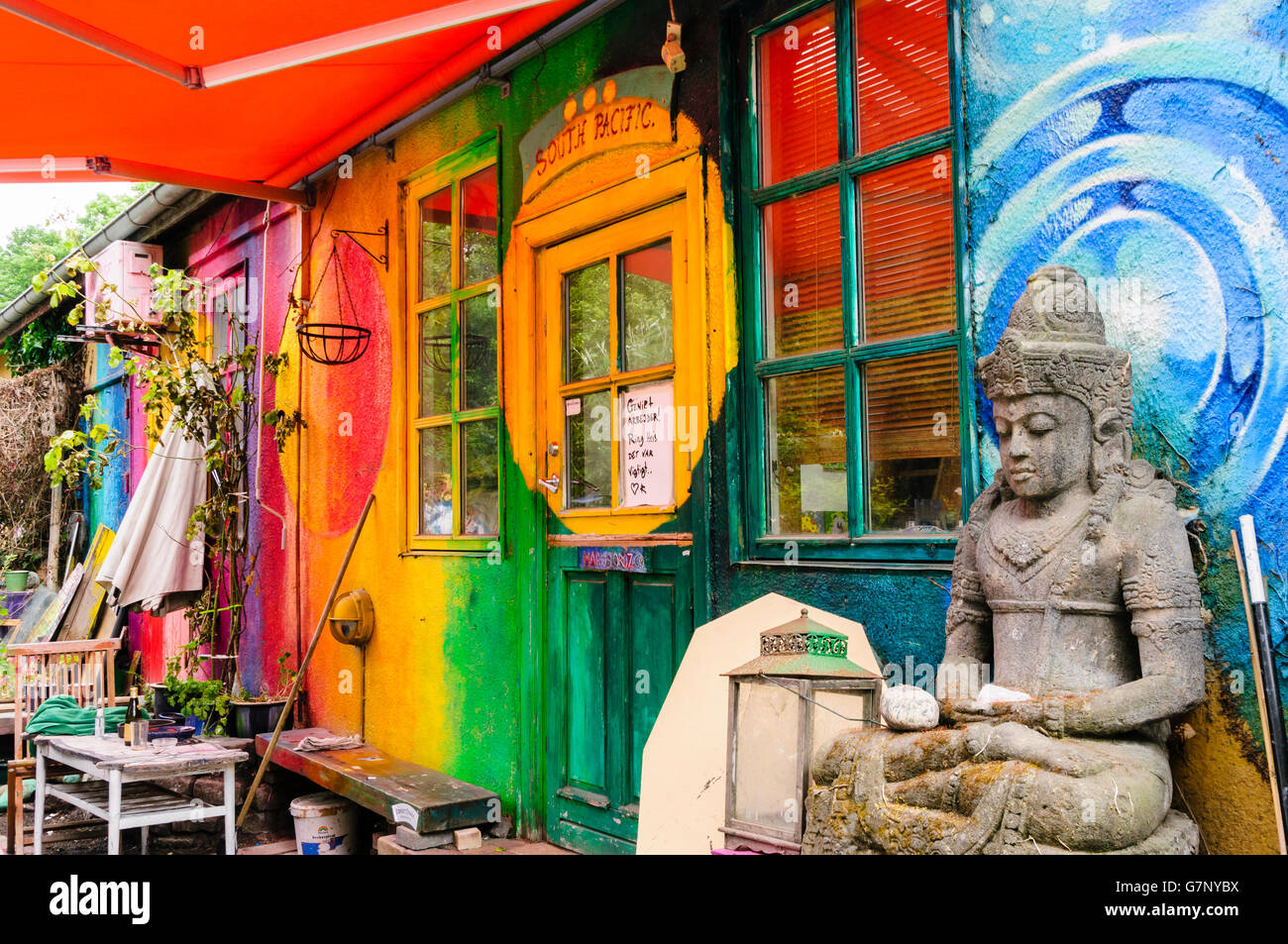 Colourful house with decorations and garden ornaments in Freetown Christiania, Copenhagen Stock Photo