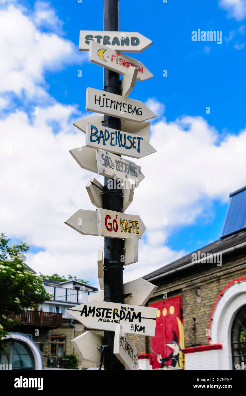 Direction signs in Pusher Street, Freetown Christiania, Copenhagen Stock Photo