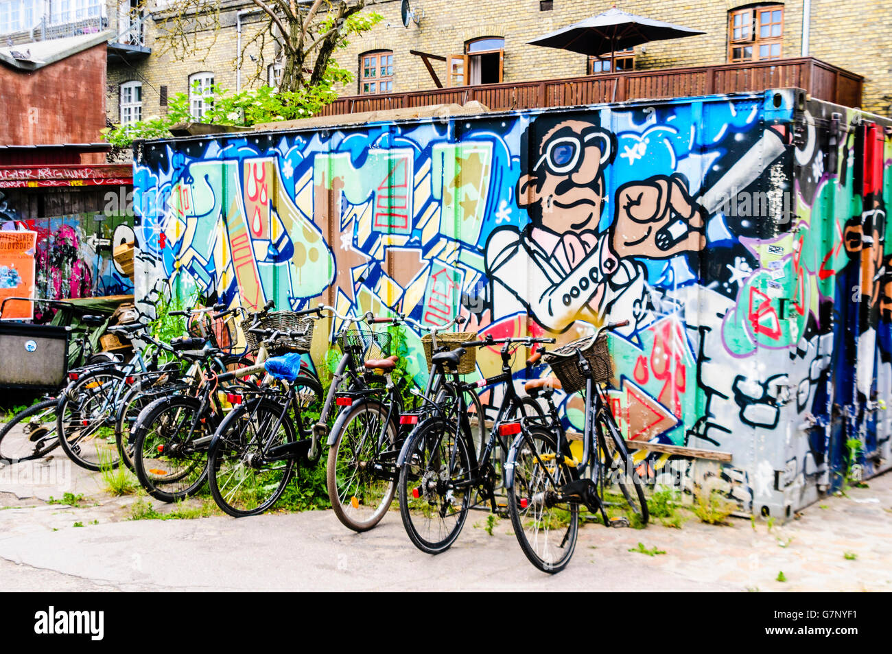 Bicycle park in Freetown Christiania, Copenhagen Stock Photo