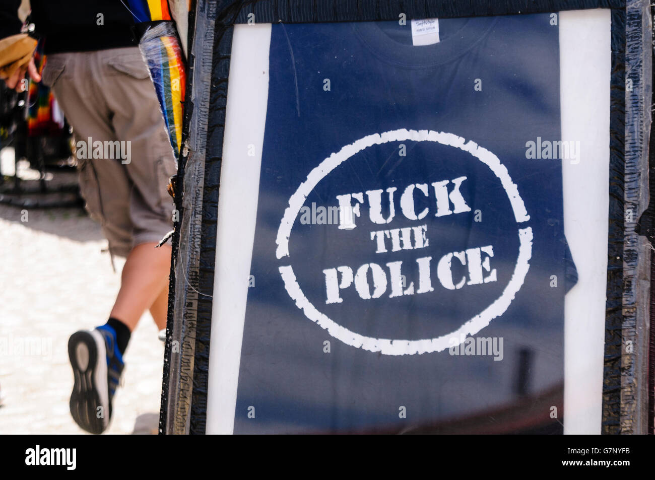 Framed t-shirt saying 'Fuck the Police' Stock Photo