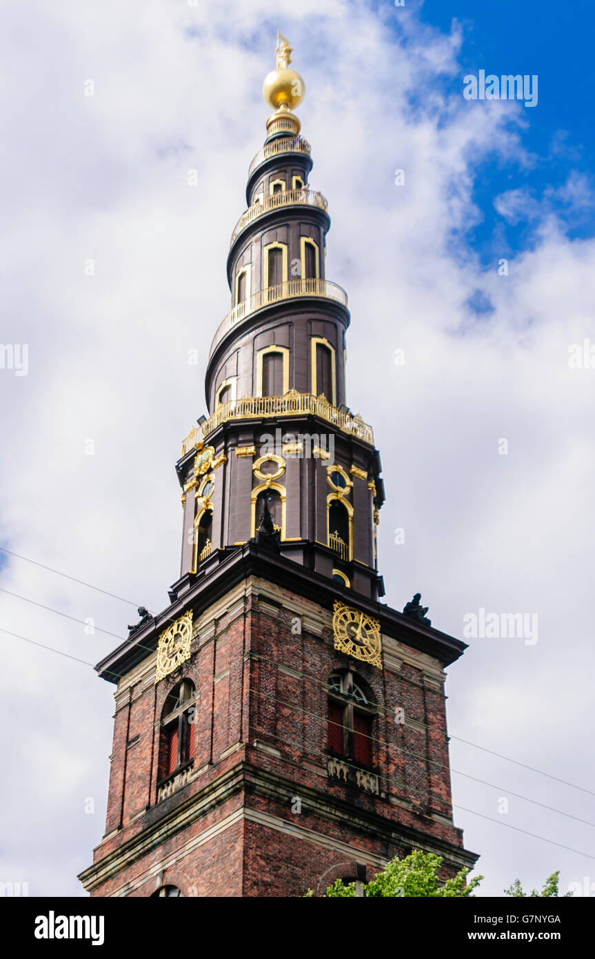 Corkscrew spire of the Church of Our Saviour (Vorfrelserskirke), Copenhagen, Denmark Stock Photo