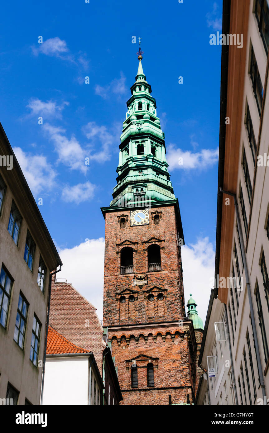 Spire of the Nikolaj Kirke (Church of St. Nicholas), Copenhagen, Denmark. Stock Photo
