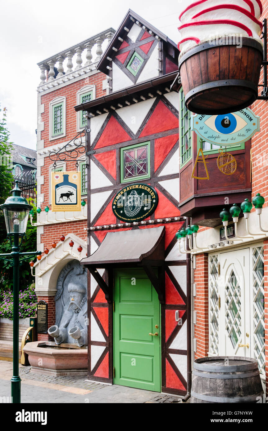 Front of shops in Tivoli Garden amusement park and pleasure garden in Copenhagen, Denmark. Stock Photo