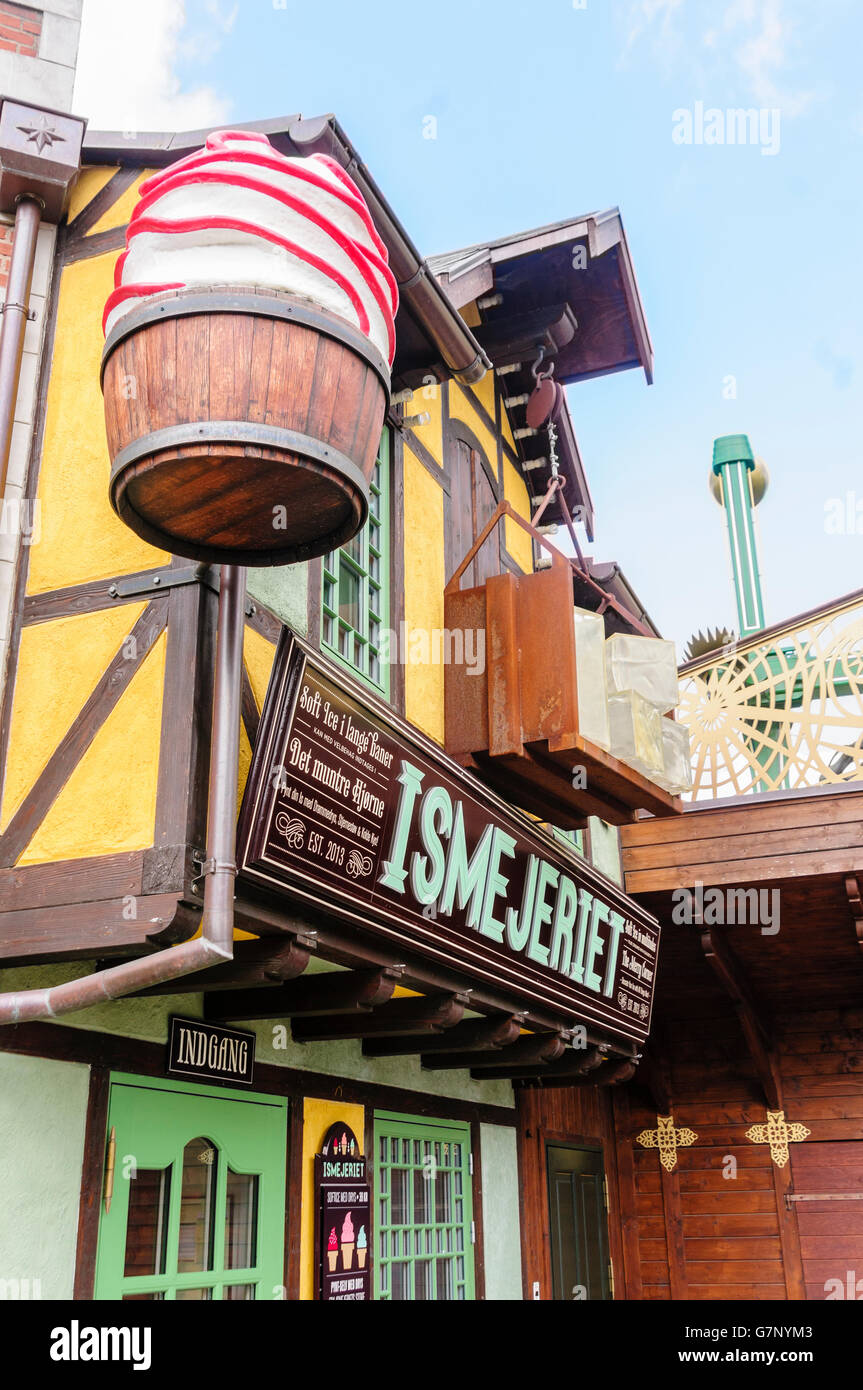 Front of an Icecream shop in Tivoli Garden amusement park and pleasure garden in Copenhagen, Denmark. Stock Photo