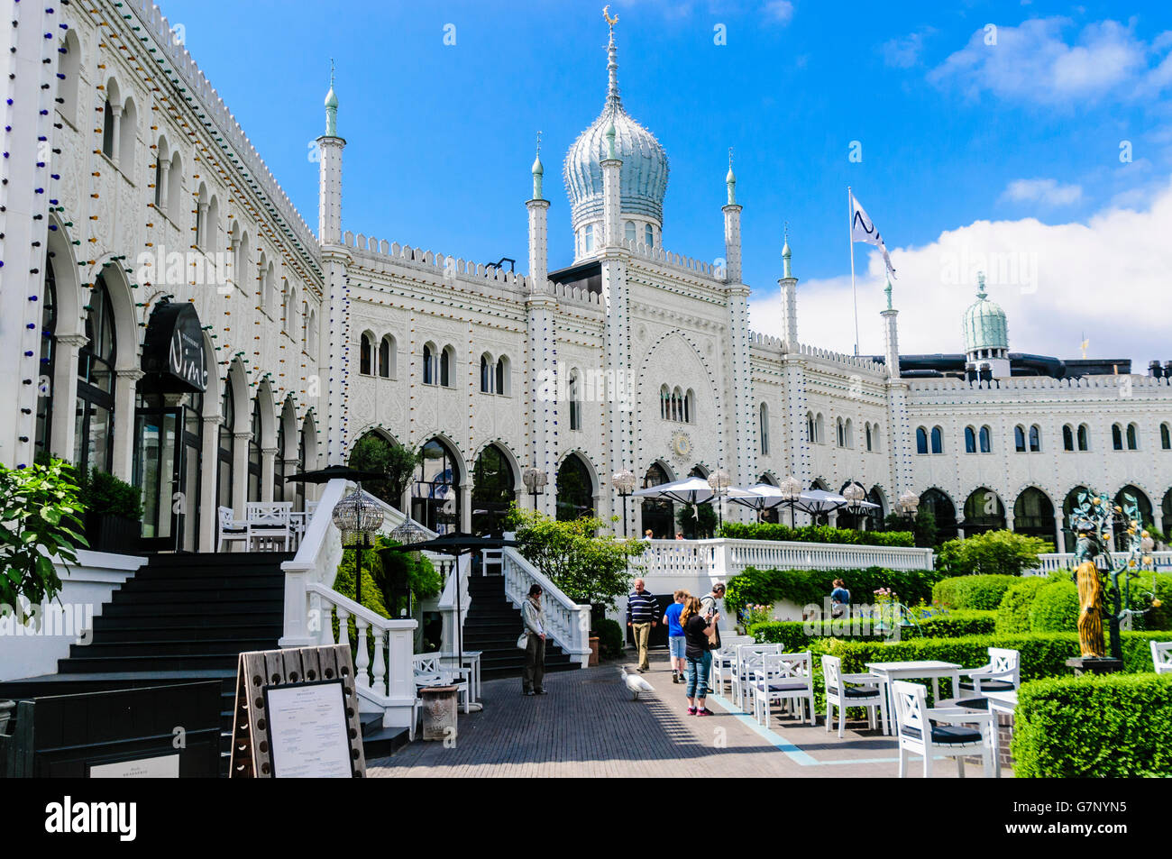 Moorish Palace, the Nimb Hotel and Restaurant, Tivoli Garden amusement park and pleasure garden in Copenhagen, Denmark. Stock Photo