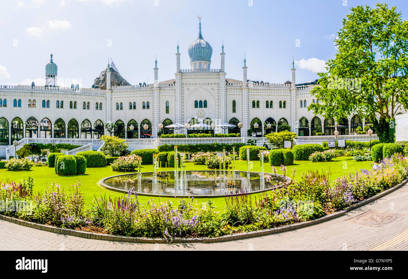 Moorish Palace, the Nimb Hotel and Restaurant, Tivoli Garden amusement park and pleasure garden in Copenhagen, Denmark. Stock Photo