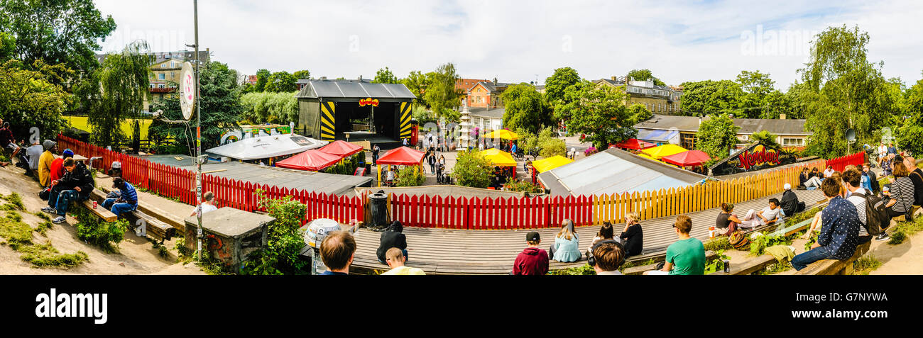 Panoramic view from the viewing bank overlooking the concert stage in Freetown Christiana, Copenhagen. Stock Photo