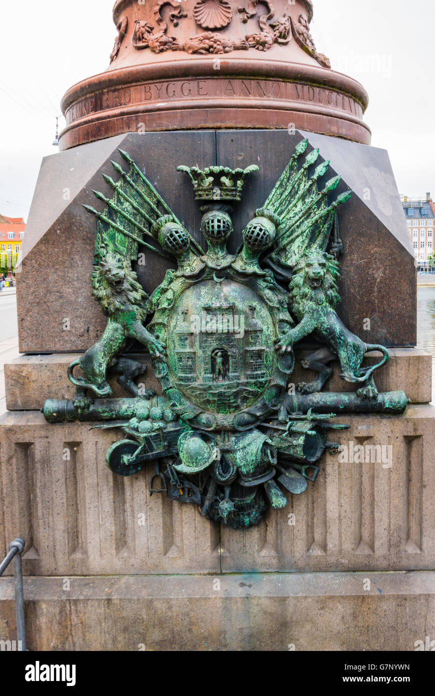 Bronze coat of arms on a lamppost on the Dronning Louises Bro bridge, Copenhagen, Denmark Stock Photo