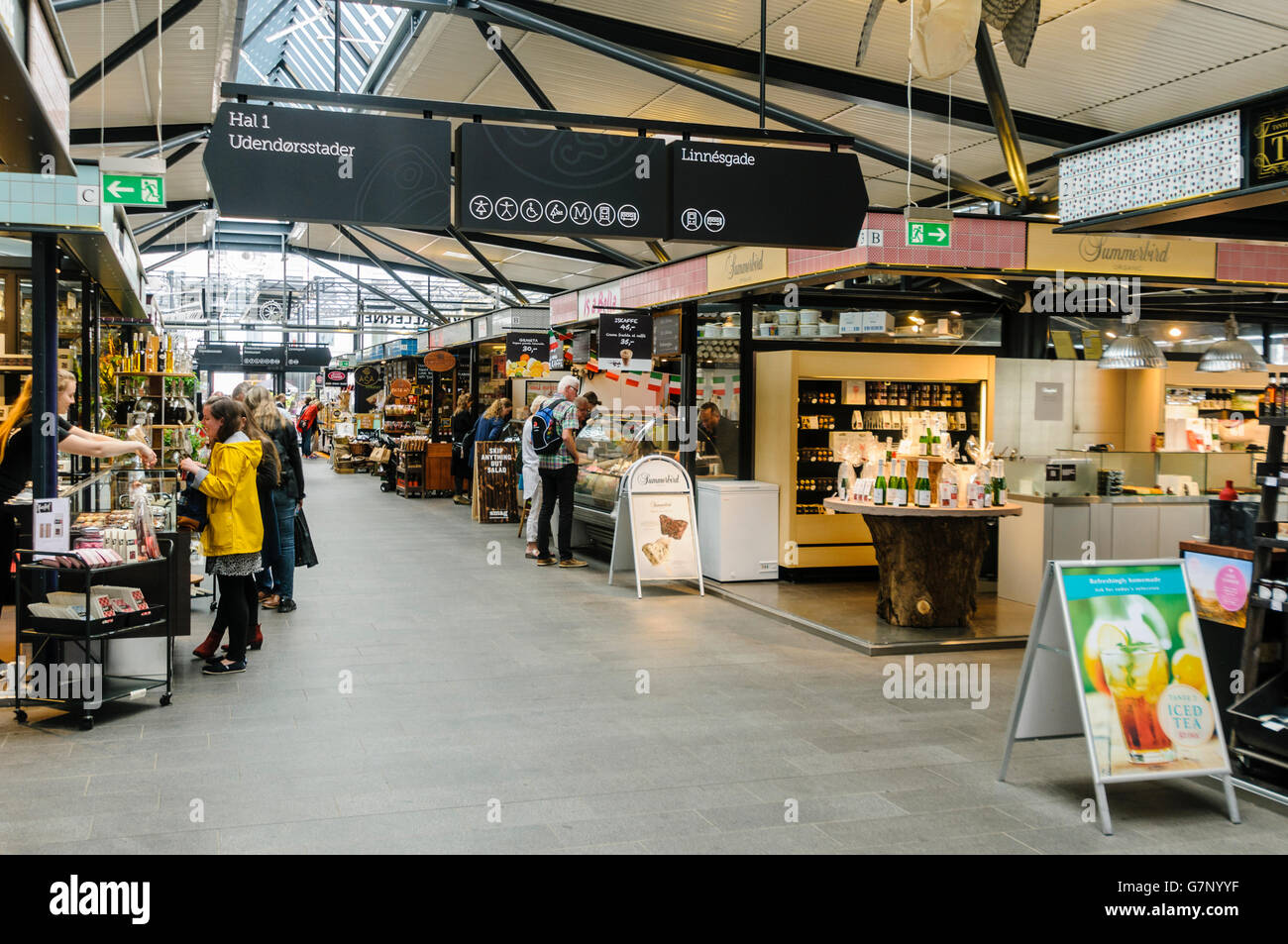Torvehallerne market in the Danish capital Copenhagen, with independent organic and healthy food stalls. Stock Photo