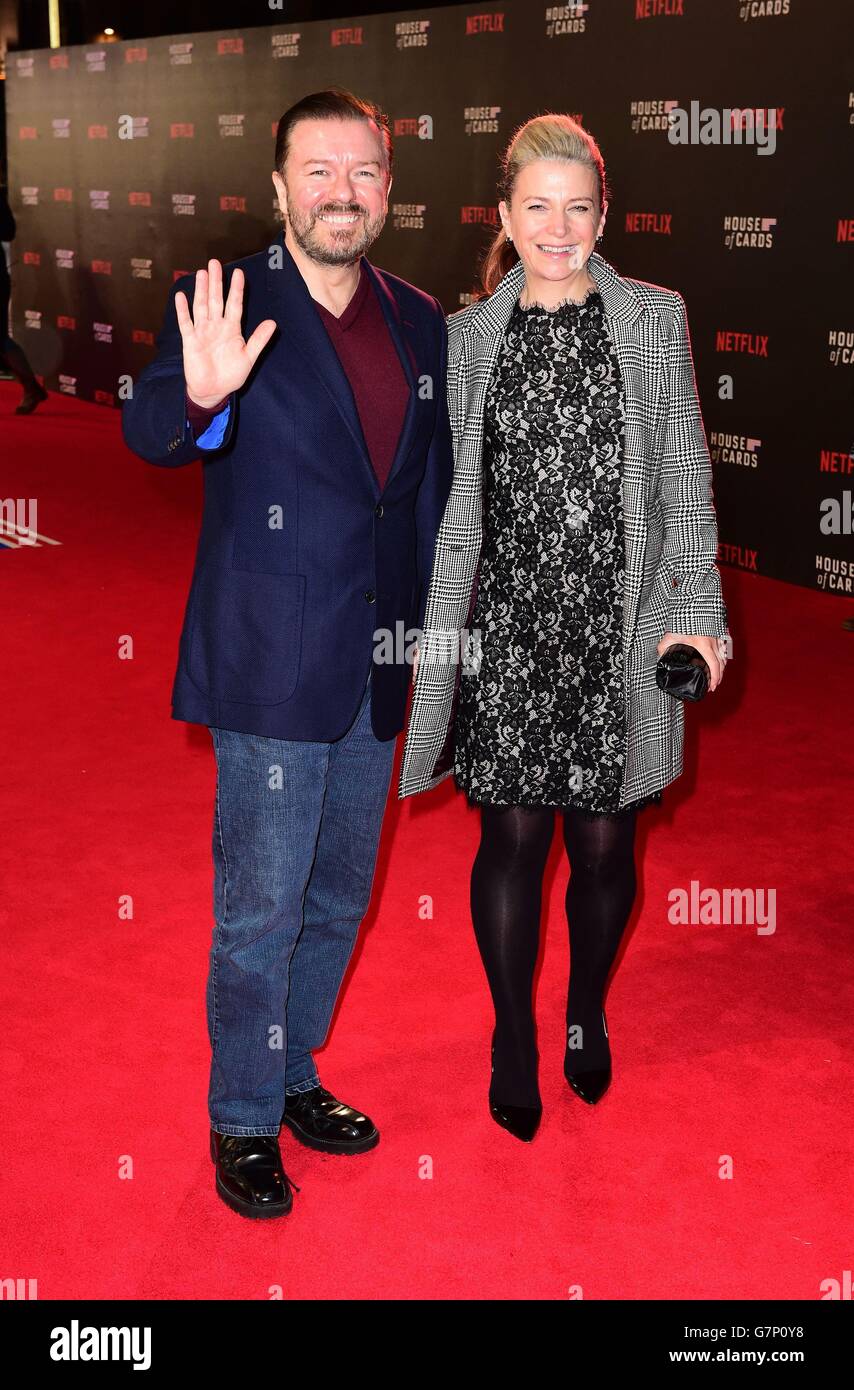 Ricky Gervais and Jane Fallon (right) attending the world premiere of House of Cards - Season 3 at the Empire Cinema, Leicester Square, London. Stock Photo